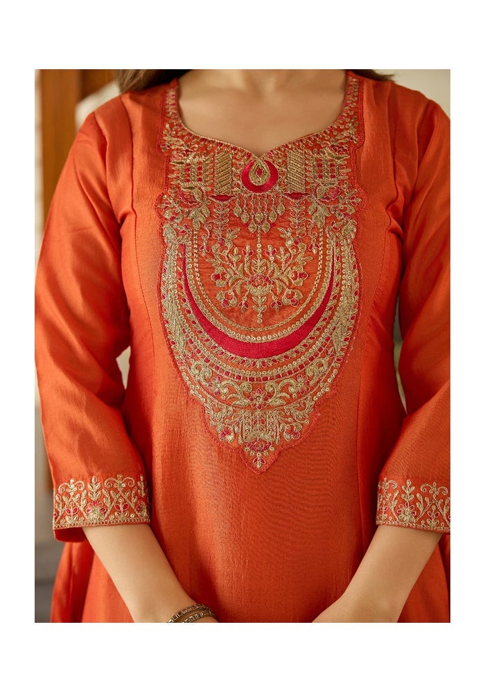Malishka Export Embroidered Rust Kurta Pant Set for Women - Image 4